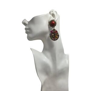 Vintage Floral Enamel Rhinestone Dangle Clip-On Earrings | 3”